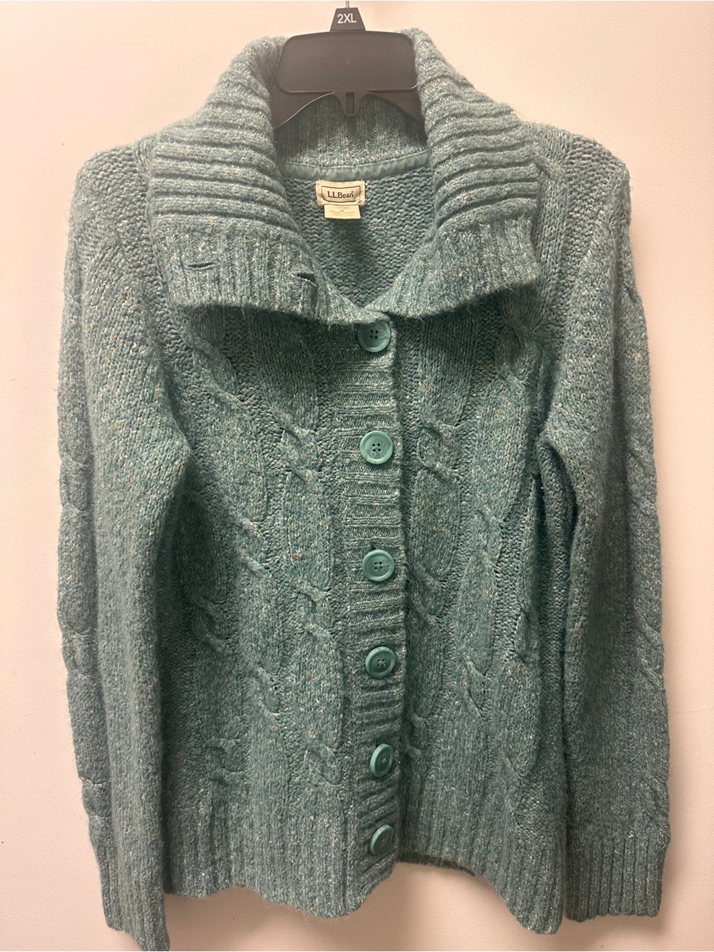L.L. Bean Teal Cable-Knit Button Cardigan - Picture 2 of 5